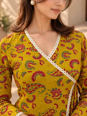 Yellow Angrakha Style Short Kurti in Cotton