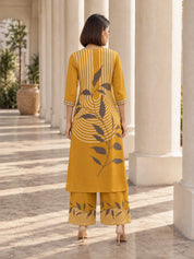 Mustard Stripe & Leaf Print Rayon Kurta-Palazzo Set
