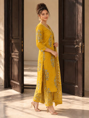 Yellow Embroidered Neck Floral Buta Kurta Set with Printed Dupatta in Cotton