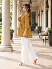 Mustard Yellow Tie-Neck Geometric Peplum Short Kurti in Cotton