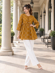 Mustard Yellow Tie-Neck Geometric Peplum Short Kurti in Cotton