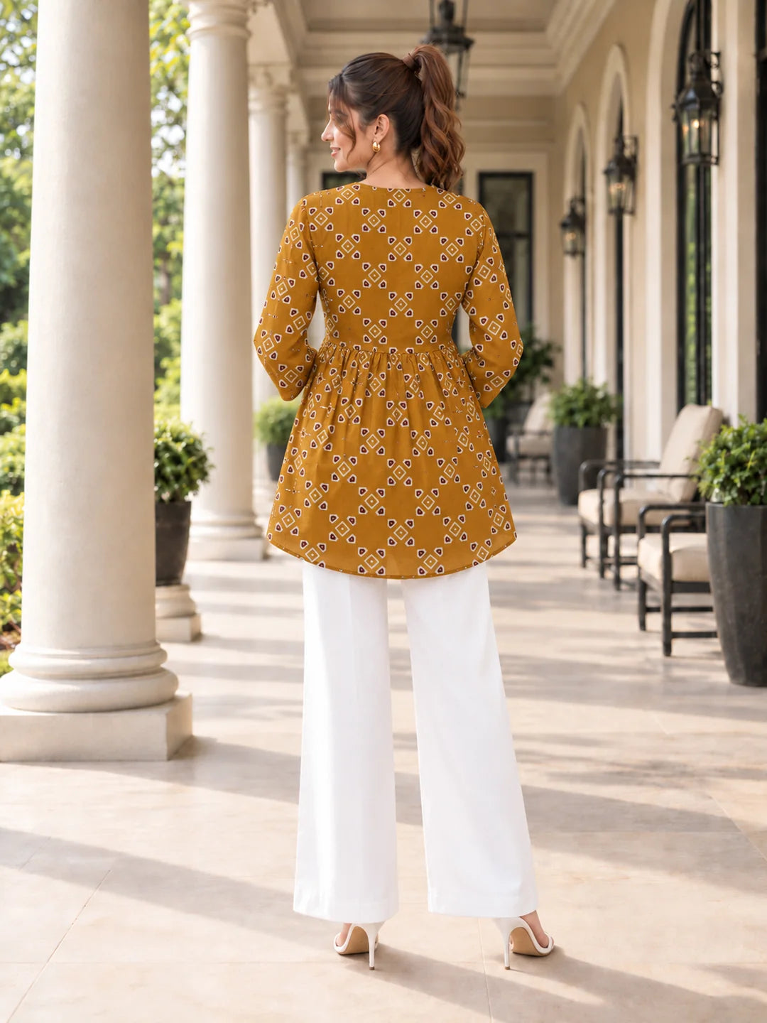 Mustard Yellow Tie-Neck Geometric Peplum Short Kurti in Cotton