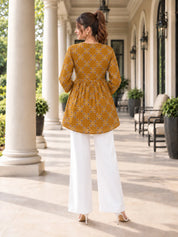 Mustard Yellow Tie-Neck Geometric Peplum Short Kurti in Cotton