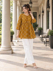 Mustard Yellow Tie-Neck Geometric Peplum Short Kurti in Cotton