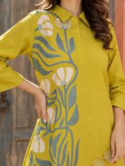 Lime Green Floral Placement Embroidered Co-Ord Set in Roman Silk