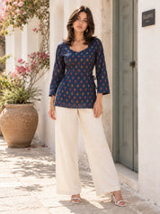 Navy Blue Squared V Neck Criss-Cross Side Tie Floral Buti Short Kurti in Cotton