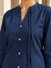 Navy Blue Dori Detail Bell Sleeve Top in Cotton Flex