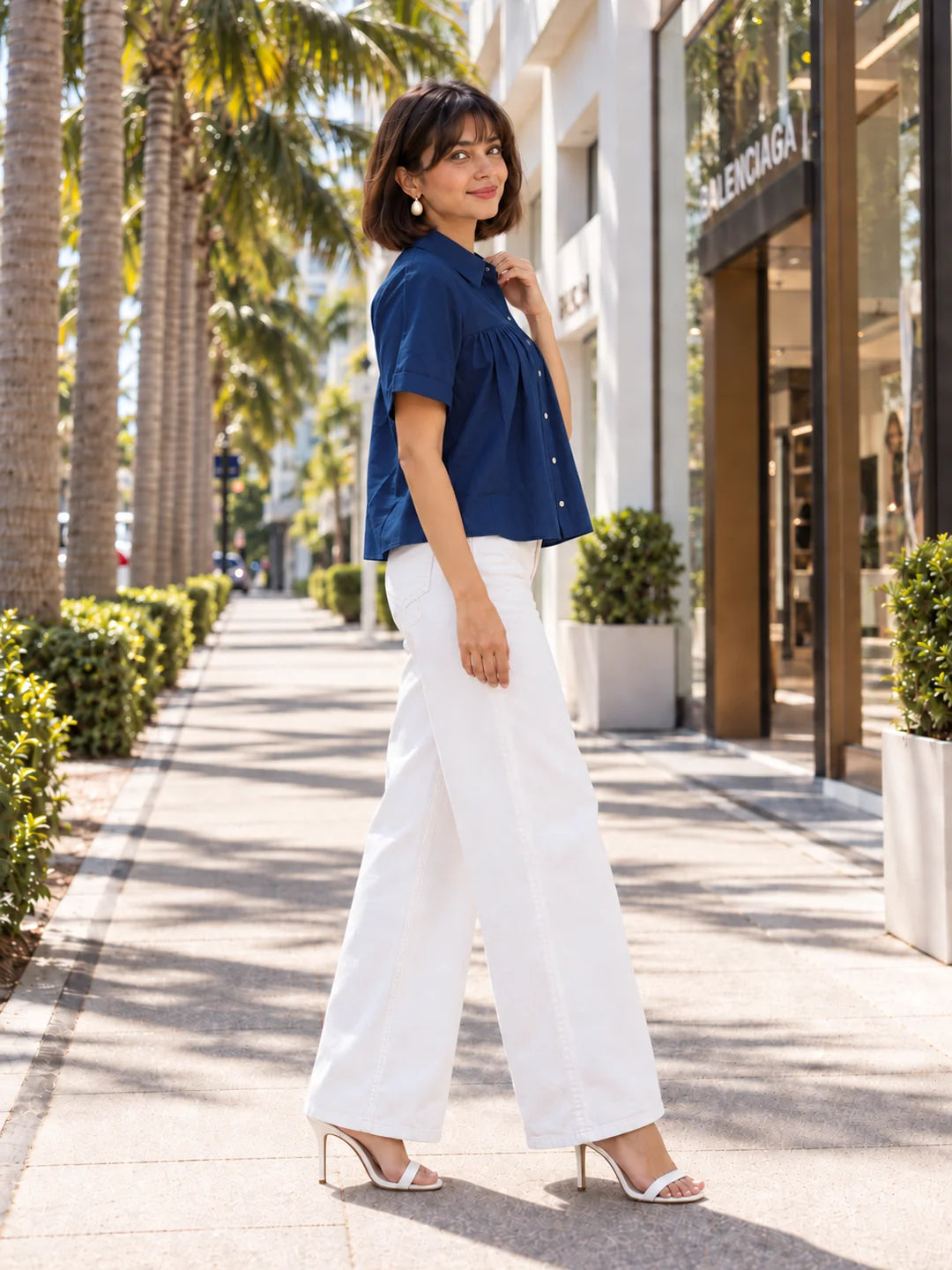 Navy Blue Gathered Bust Tie-Hem Cropped Shirt Top in Cotton