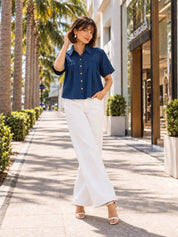 Navy Blue Gathered Bust Tie-Hem Cropped Shirt Top in Cotton