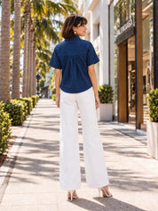 Navy Blue Gathered Bust Tie-Hem Cropped Shirt Top in Cotton