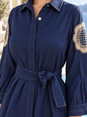Denim Blue Floral Embroidered A-Line Dress in Cotton Denim