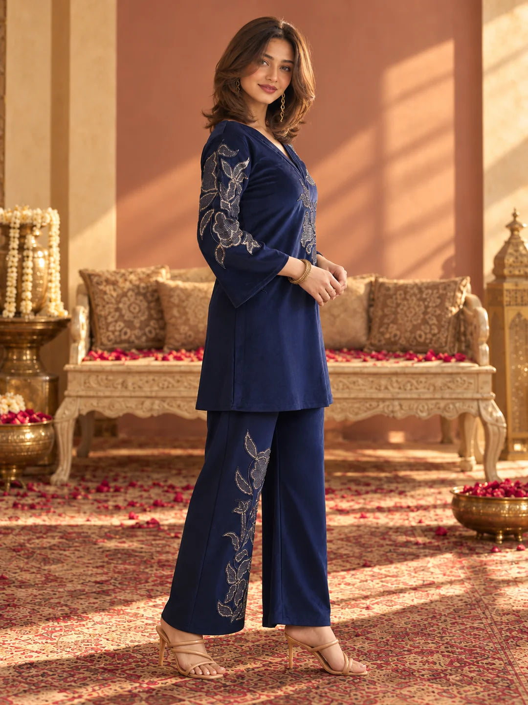 Velvet Floral Embroidered Co-ord Set in Navy Blue