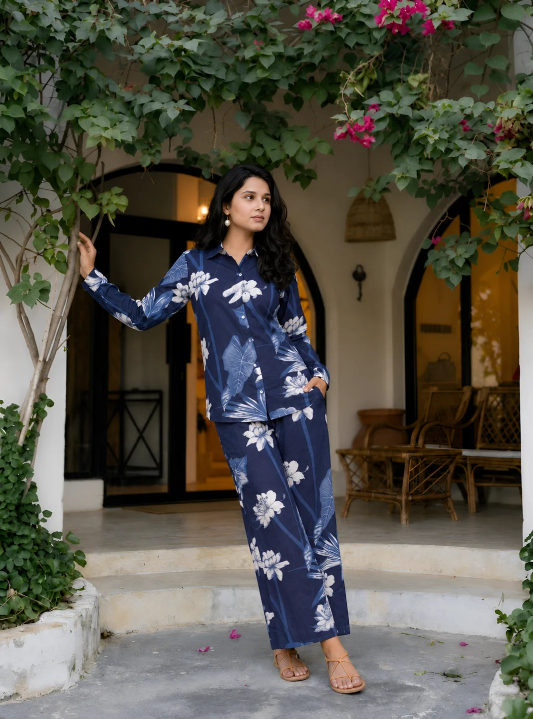Conjunto dos piezas floral azul marino y blanco de cambray de algodón
