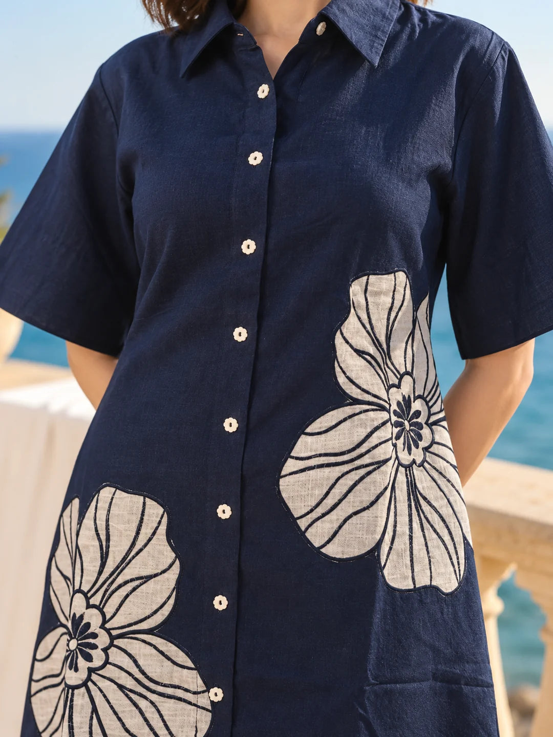 Navy Blue Floral Appliqué A-Line Dress in Cotton Flex