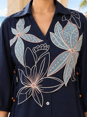 Navy Blue Floral Vest Tie-Up Dress in Cotton Flex