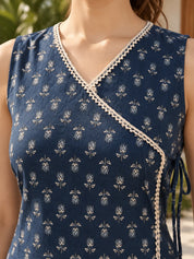 Slate Blue Angrakha Style Floral Buti Short Kurti in Cotton