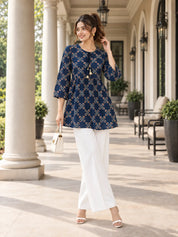 Blue Tie-Neck Geometric Print Peplum Short Kurti in Cotton