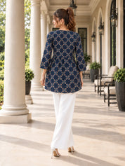 Blue Tie-Neck Geometric Print Peplum Short Kurti in Cotton