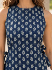 Navy Blue Floral Buti Sleeveless High-Low Short Kurti in Cotton