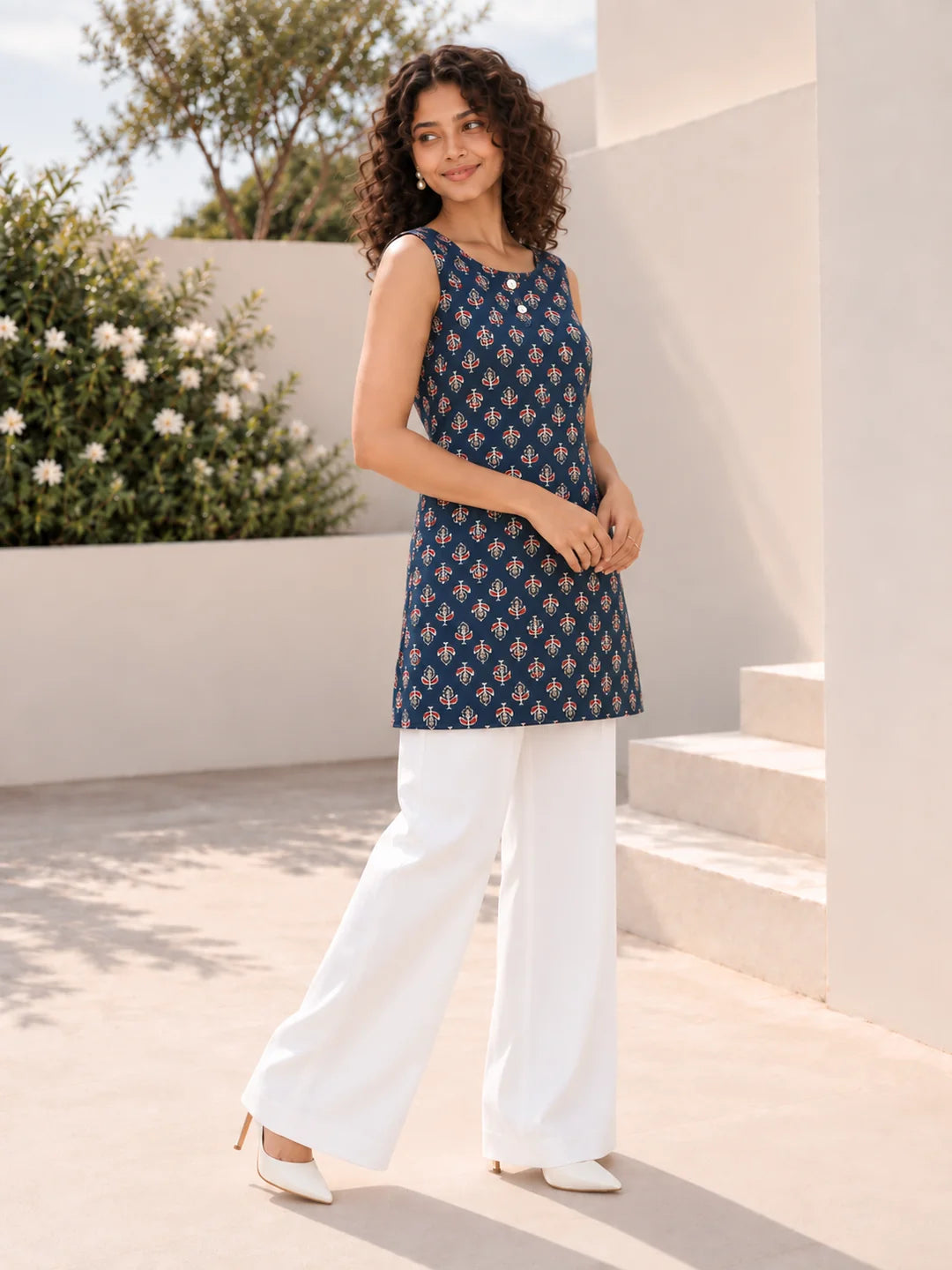Navy Blue Sleeveless 2 Button Front Pleat Floral Buti Short Kurti in Cotton