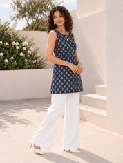 Navy Blue Sleeveless 2 Button Front Pleat Floral Buti Short Kurti in Cotton