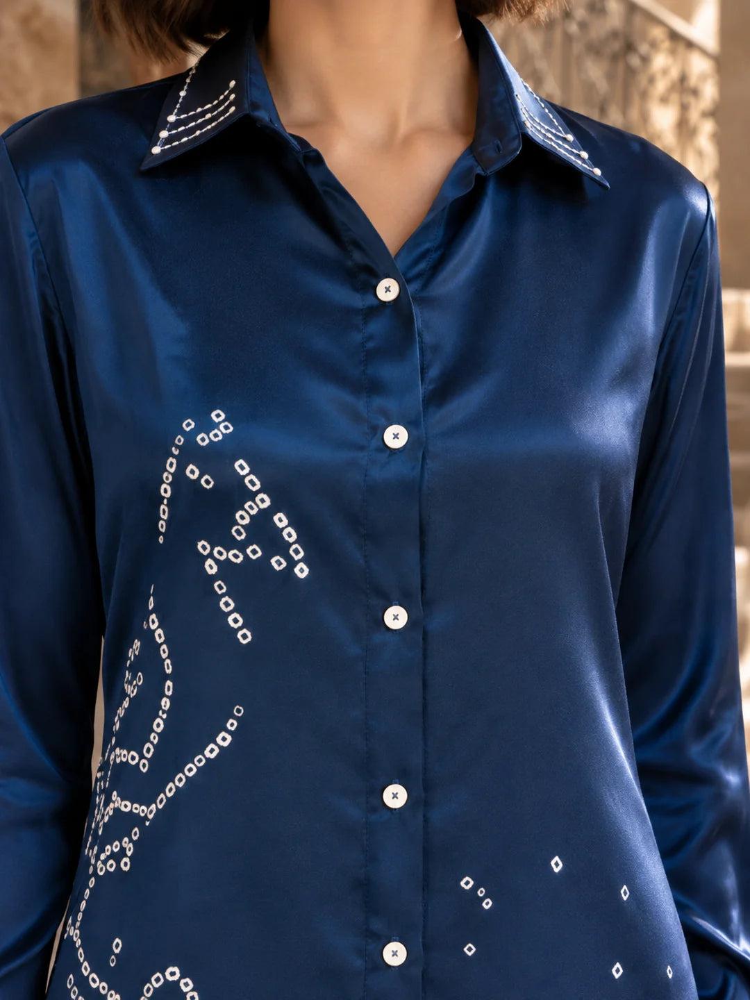 Deep Sea Blue Embroidered Collar Hand-Tied Pure Bandhani Shirt in Gajji Silk
