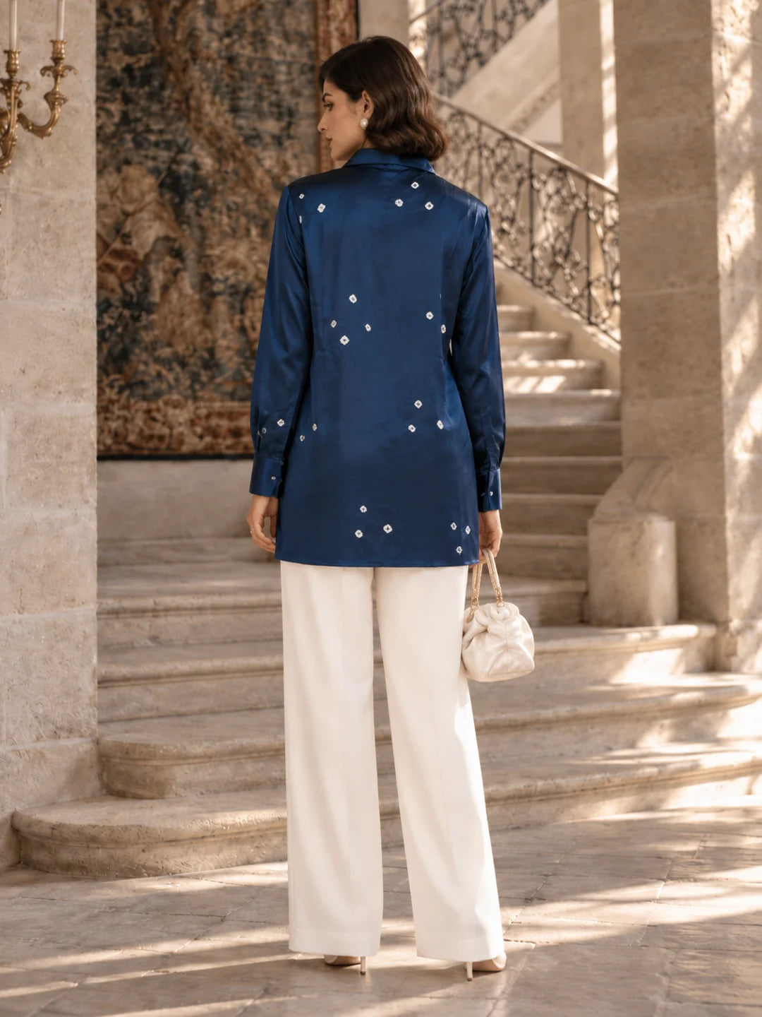 Deep Sea Blue Embroidered Collar Hand-Tied Pure Bandhani Shirt in Gajji Silk