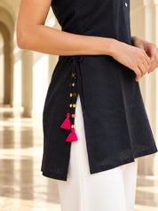 Black Sleeveless Drawstring Detail Short Kurti in Viscose Flex