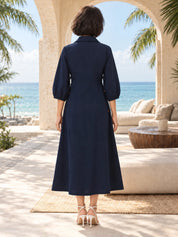 Navy Blue Floral Vest Tie-Up Dress in Cotton Flex