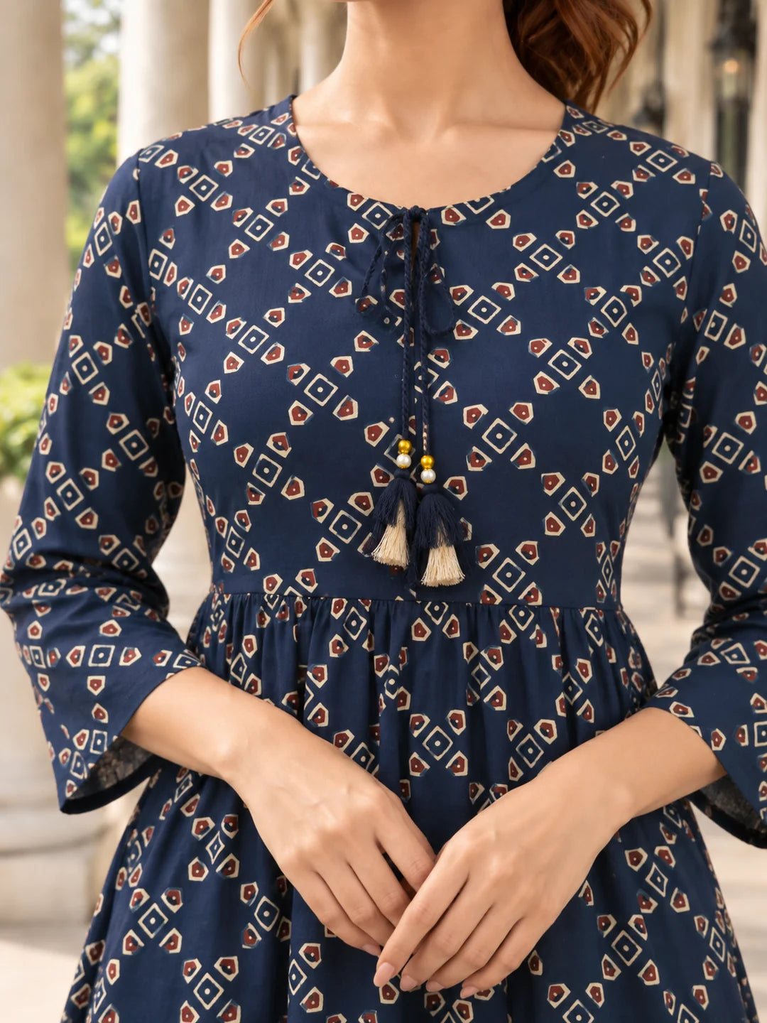 Blue Tie-Neck Geometric Print Peplum Short Kurti in Cotton