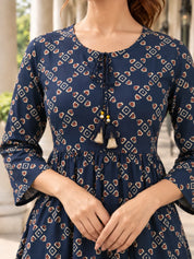Blue Tie-Neck Geometric Print Peplum Short Kurti in Cotton