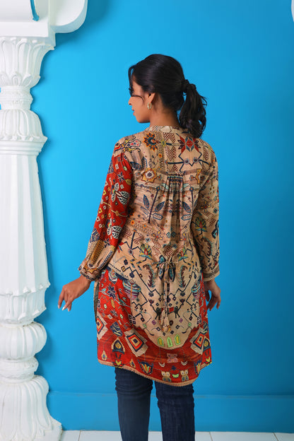 Beige & Red High Low Multicolored Printed Tunic
