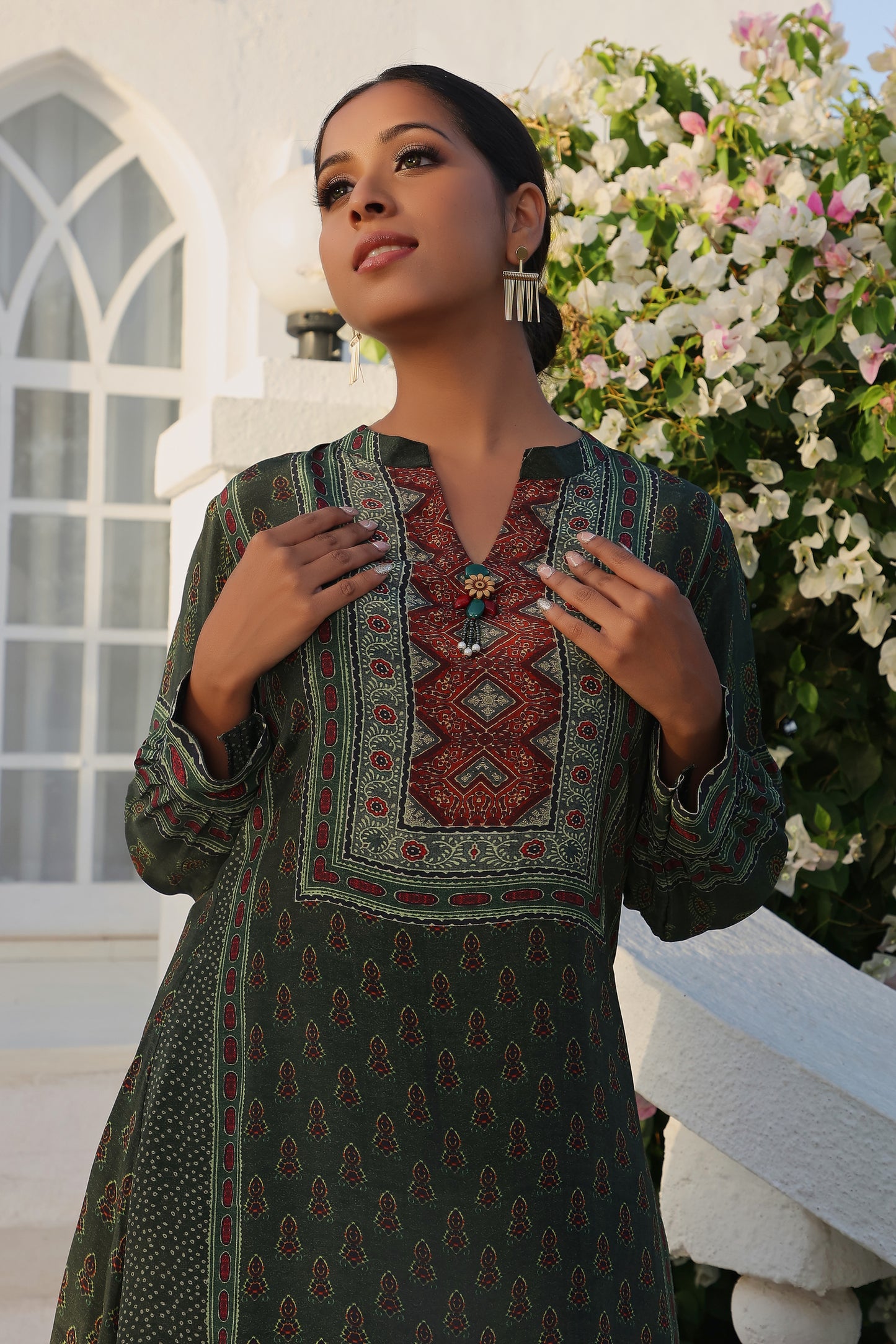 Dark Green Embellished Tunic With Trouser