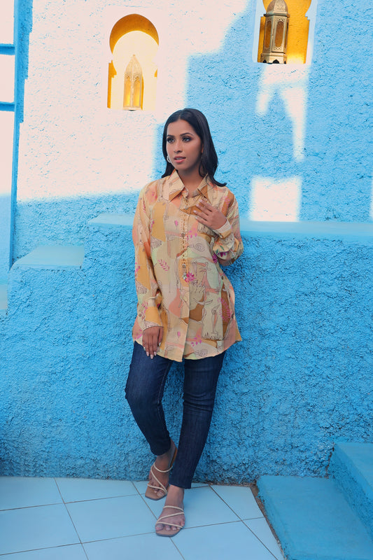 Yellow Printed Shirt Style Tunic With Embellishment