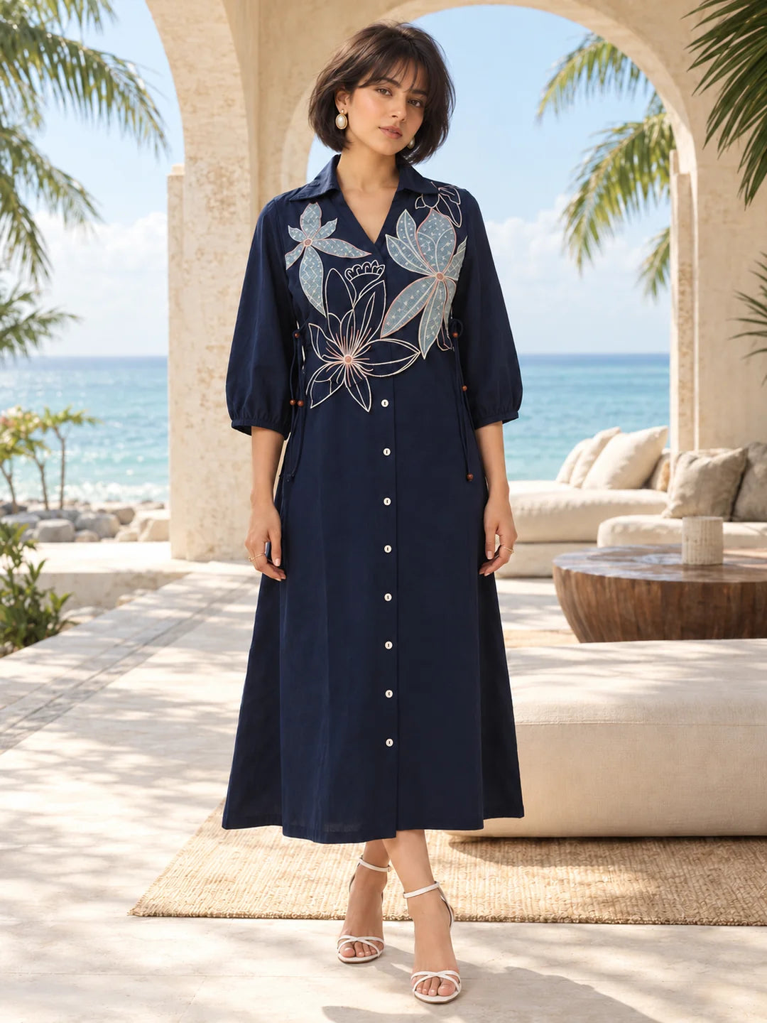 Navy Blue Floral Vest Tie-Up Dress in Cotton Flex
