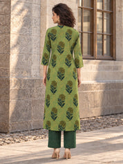 Green Floral Buta Print Kurta Set in Cotton