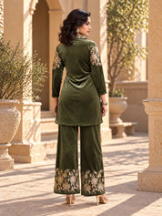Zari Embroidered Velvet Co-ord Set in Fern Green