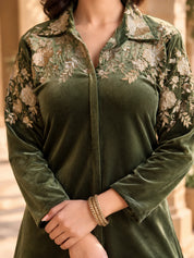 Zari Embroidered Velvet Co-ord Set in Fern Green