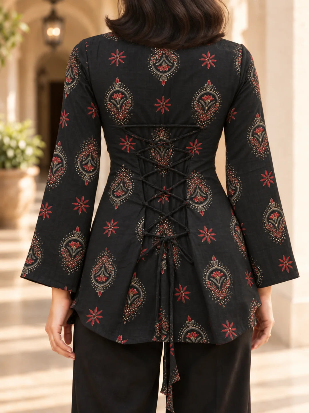 Black Square Neck Criss-Cross Tie Floral Buta Short Kurti in Cotton