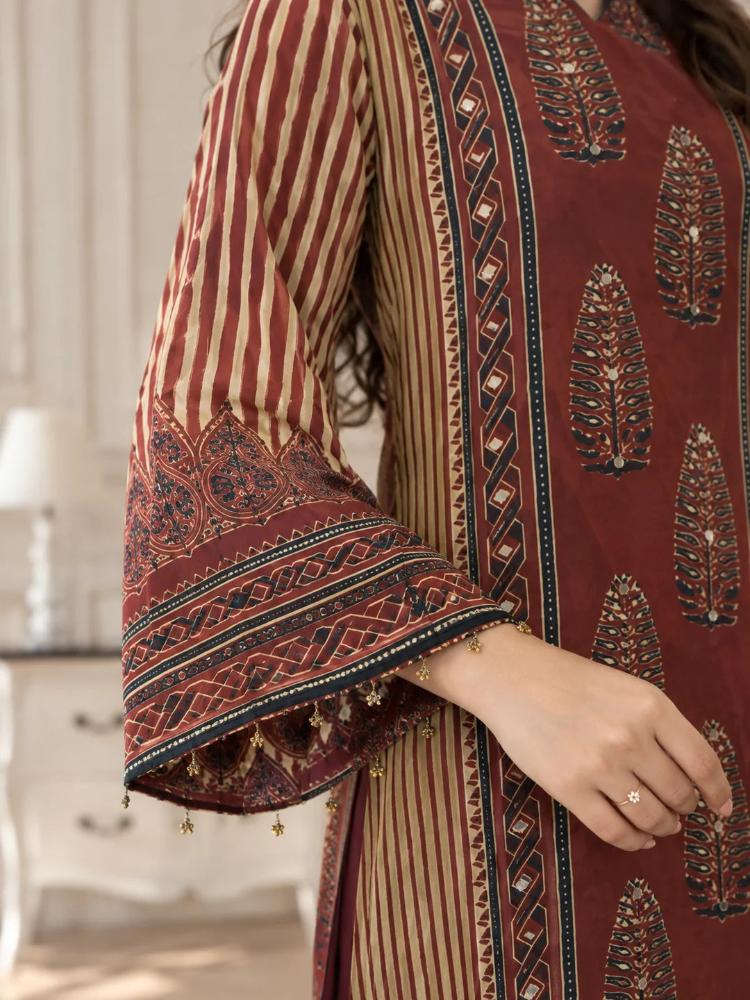 Maroon & Beige High-Low Mirror Embellished Patch Print Co-ord Set in Crepe