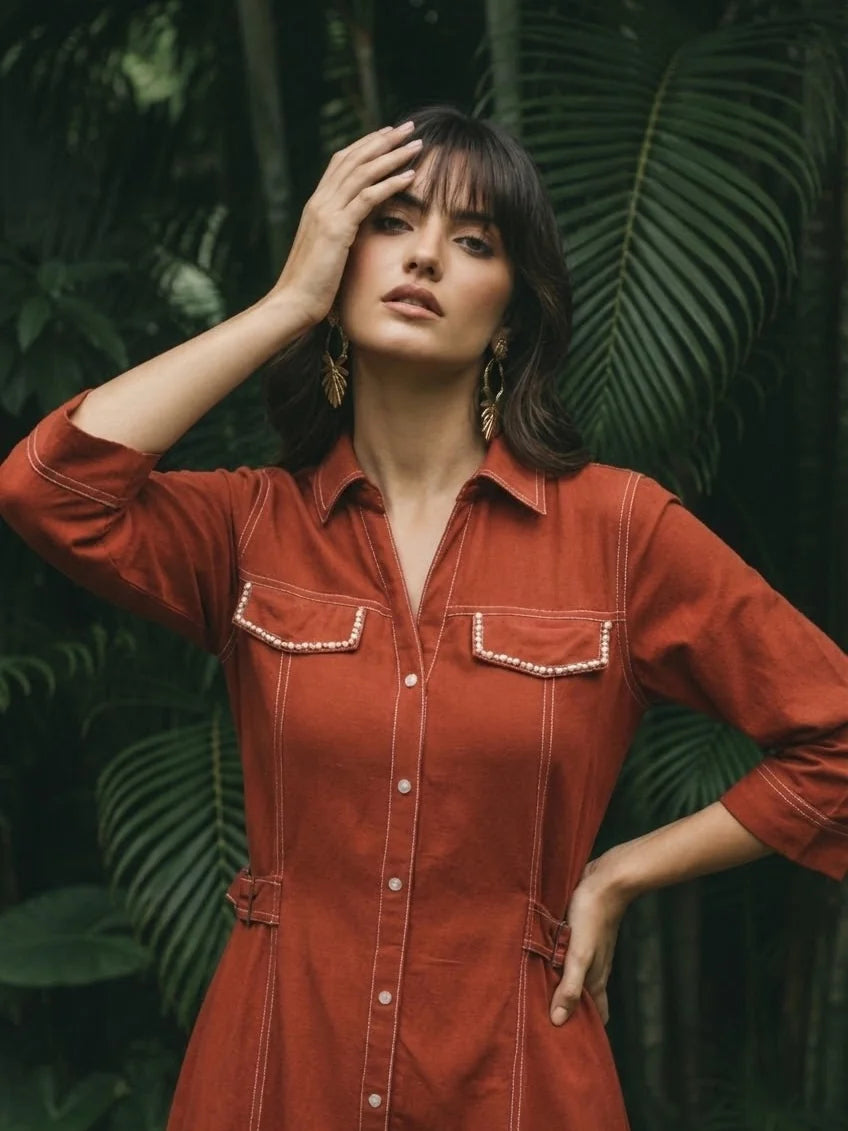 Rustic Red Cotton Shirt Dress with Printed Pocket Detail in Cotton