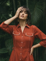 Rustic Red Cotton Shirt Dress with Printed Pocket Detail in Cotton