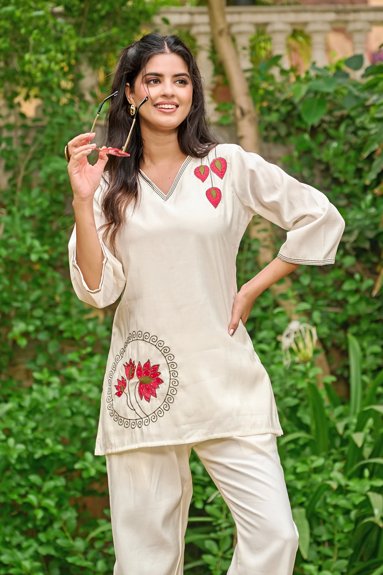 Yellow Base Lotus Motif Embroidered Co-ord Set