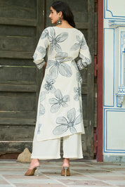 Monochrome Leaf Motif Embroidered Rayon Kurta Set