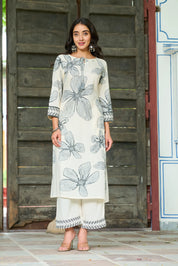 Monochrome Leaf Motif Embroidered Rayon Kurta Set