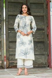 Monochrome Leaf Motif Embroidered Rayon Kurta Set