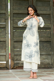 Monochrome Leaf Motif Embroidered Rayon Kurta Set