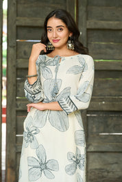 Monochrome Leaf Motif Embroidered Rayon Kurta Set