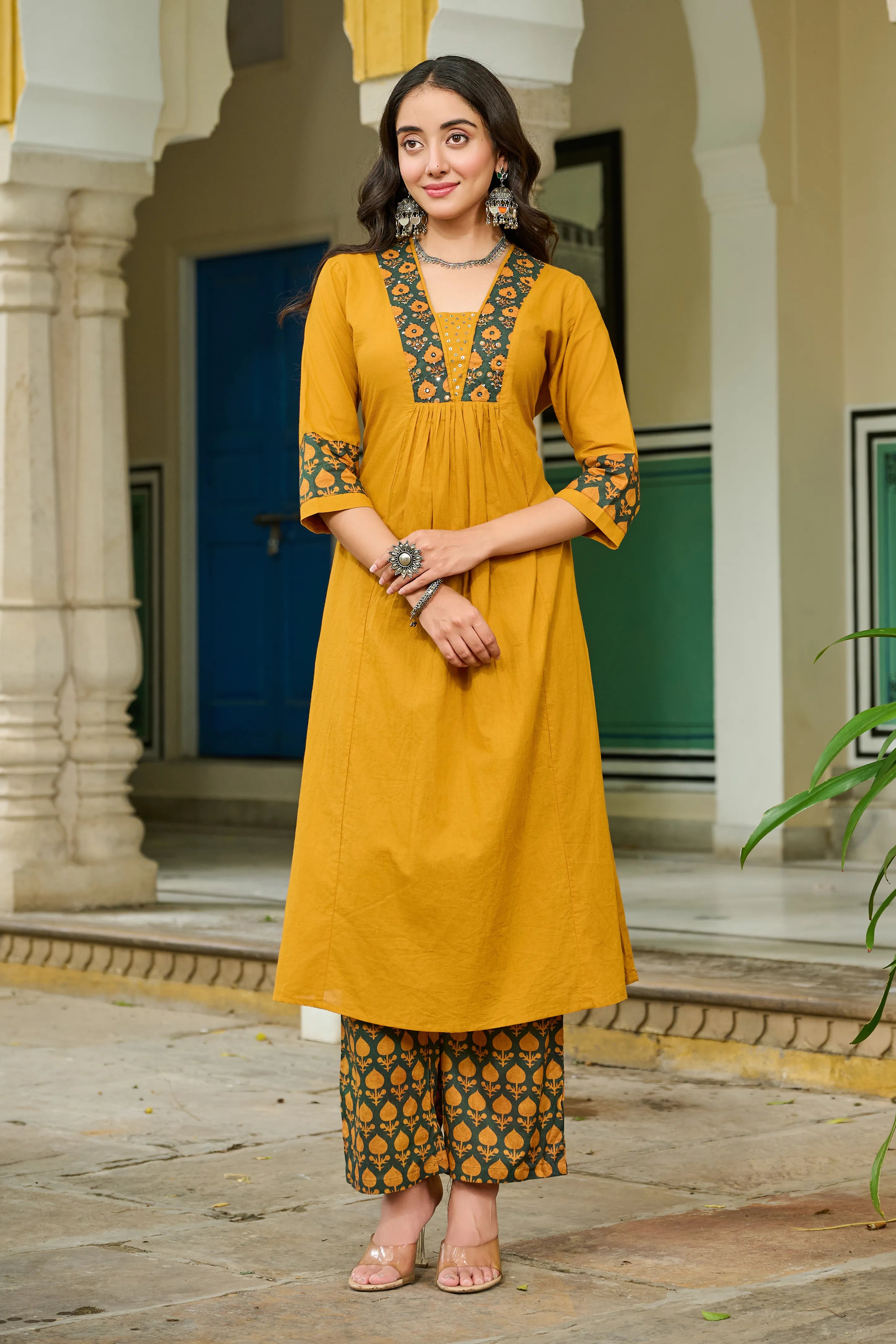 Mustard Yellow Ethnic Yoke Kurta Set