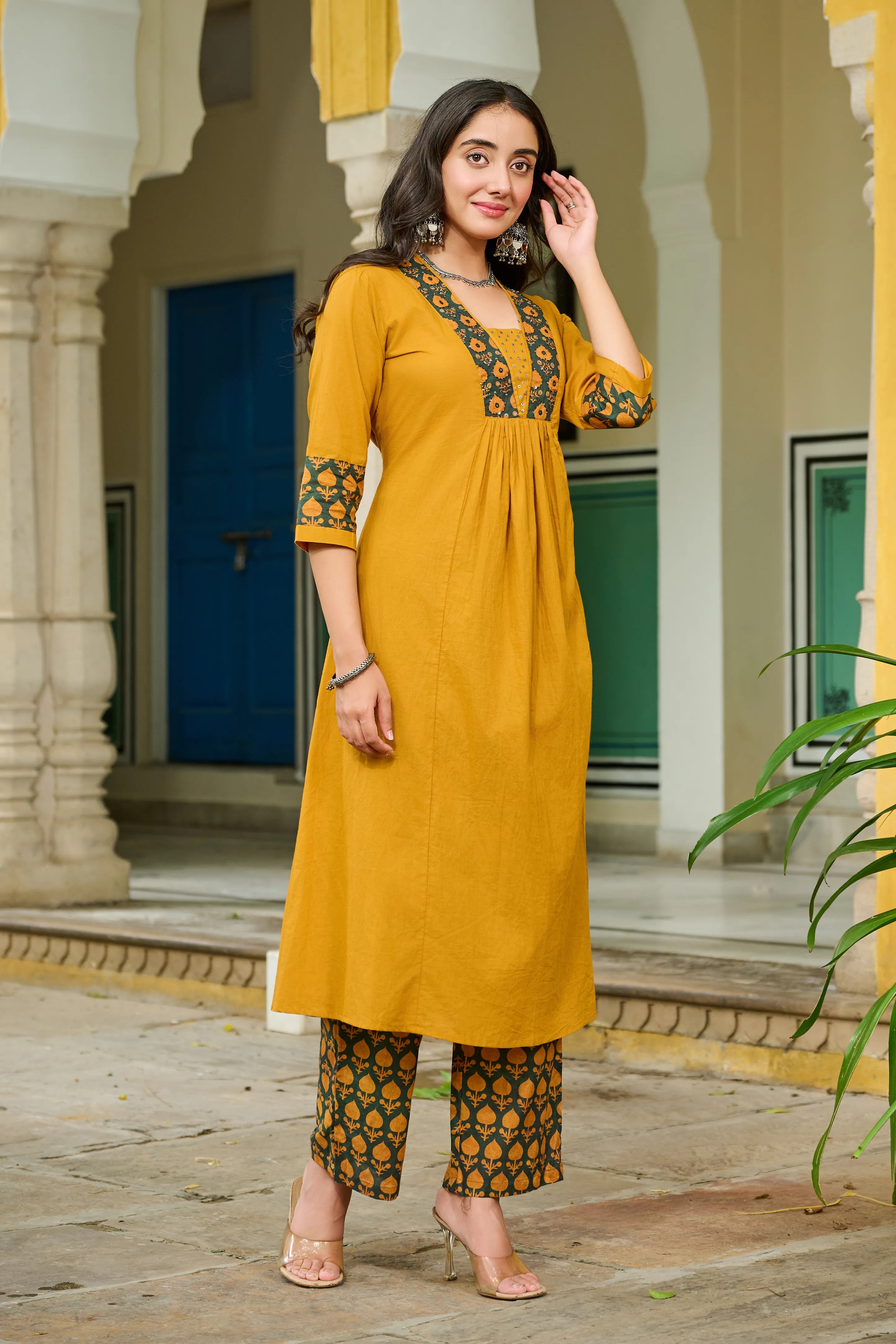Mustard Yellow Ethnic Yoke Kurta Set